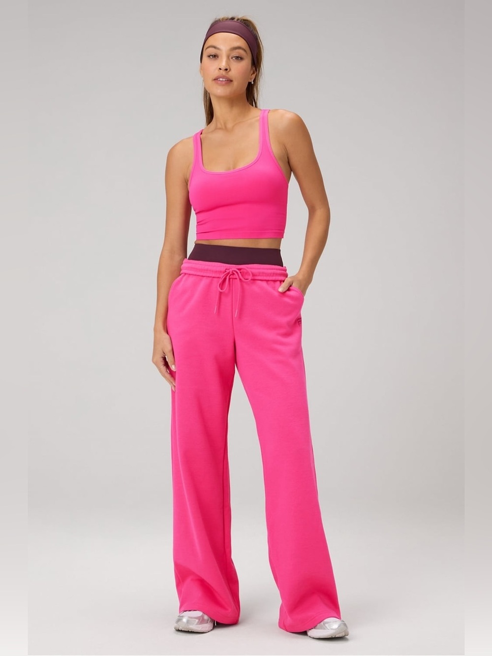 Fabletics Cozy Fleece Wide Leg Sweatpants & Matching Sweatshirt Neon Pink